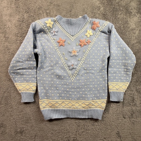 Melbourne Elements Sweaters - Vintage Melbourne Elements Hand Knit Blue Floral Embroidered Fair Isle Sweater S